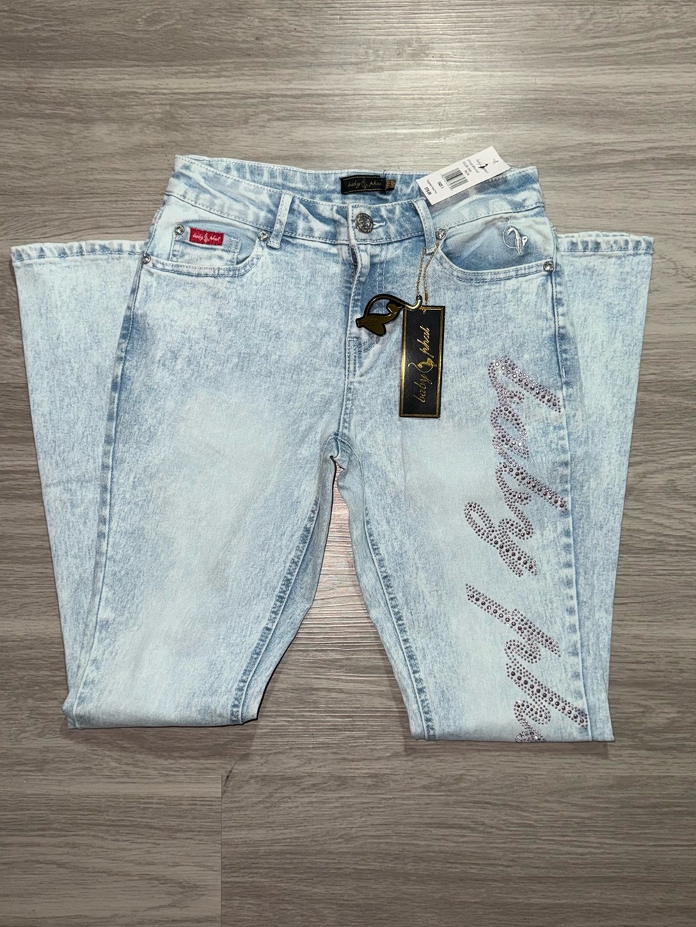 Baby Phat Light Blue Acid Wash Flare Jeans with Rhinestone Logo